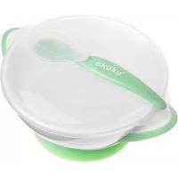 Набір дитячого посуду Akuku тарілка на присосці з ложкою, білий-зелений Фото