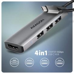 Концентратор AXAGON USB-C to 3xUSB-A + HDMI 0.15m gray Фото 1