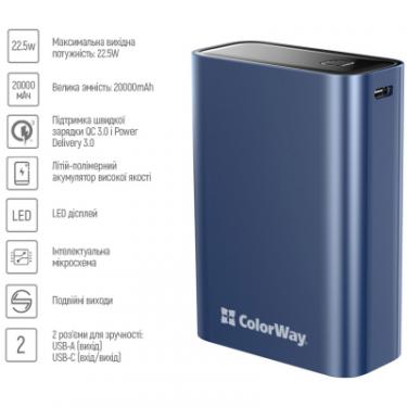 Батарея универсальная ColorWay 20 000 mAh PD/20W, QC/3.0, USB-C/USB-A max.22.5W B Фото 5