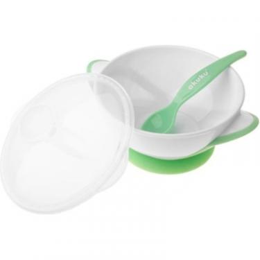 Набор детской посуды Akuku тарілка на присосці з ложкою, білий-зелений Фото 1