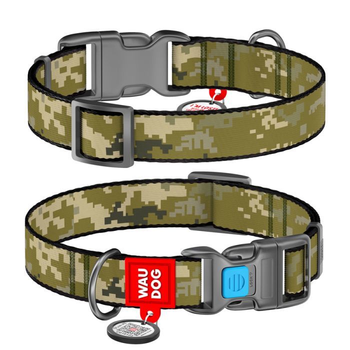 Ошейник для животных WAUDOG Nylon з QR-паспортом "Мілітарі" пластиковий фастек Фото