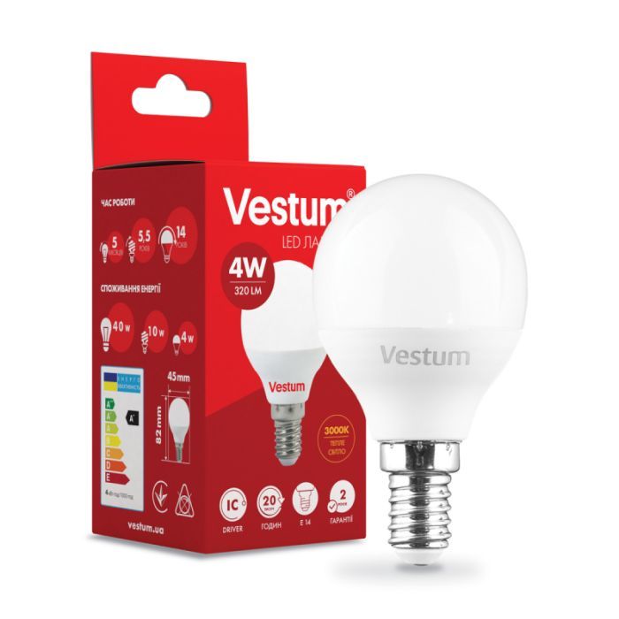 Лампочка Vestum G45 4W 3000K 220V E14 Фото